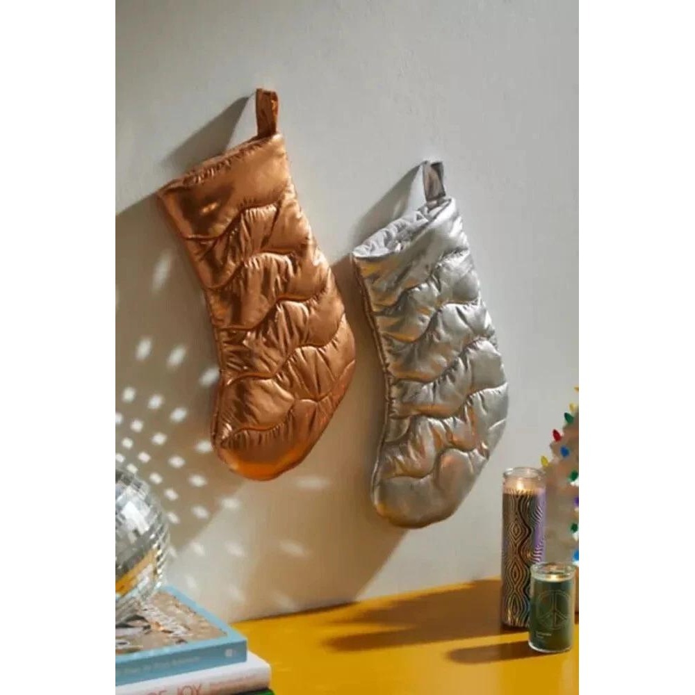 Urban Outfitters Quilted Metallic Christmas Stocking Copper Silver Holiday Decor